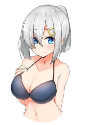 Rule 34 | 1girl, absurdres, alternate hairstyle, blue eyes, blush, bra, breasts, cleavage, closed mouth, collarbone, eyes visible through hair, hair ornament, hairclip, hamakaze (kancolle), hand on own chest, highres, kantai collection, large breasts, navel, ponytail, sakikumo (sakumo), short hair, silver hair, simple background, solo, underwear, upper body, white background