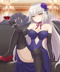 Rule 34 | 1girl, bare shoulders, black gloves, black thighhighs, blonde hair, blue dress, blurry, breasts, chandelier, cleavage, covered navel, cup, depth of field, dress, drinking glass, elbow gloves, fate/grand order, fate (series), flower, gloves, hair flower, hair ornament, high heels, highres, jeanne d&#039;arc (fate), jeanne d&#039;arc alter (avenger) (fate), jeanne d&#039;arc alter (fate), lace, lace-trimmed dress, lace trim, leg up, long hair, mashuu (neko no oyashiro), official alternate costume, solo, thighhighs, wine glass, yellow eyes