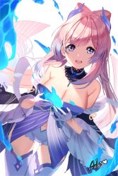 Rule 34 | 1girl, aile (crossroads), bare shoulders, blue dress, blush, breasts, cleavage, commentary request, detached collar, dress, fish, genshin impact, highres, long hair, long sleeves, looking at viewer, medium breasts, navel, open mouth, pink hair, ponytail, purple eyes, sangonomiya kokomi, short shorts, shorts, sidelocks, smile, thighhighs, very long hair, white shorts, white thighhighs, wide sleeves