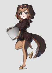 Rule 34 | 1girl, :3, animal ears, blush, brown dress, brown eyes, brown gloves, brown hair, brown pantyhose, commentary request, dachshund (kemono friends) (nyifu), dog ears, dog girl, dog tail, dress, elbow gloves, fang, fictional persona, full body, gloves, kemono friends, laundry, laundry basket, light brown hair, multicolored hair, nyifu, open mouth, original, pantyhose, short sleeves, slippers, solo, standing, standing on one leg, sweater, sweater dress, tail, tiptoes, two-tone gloves, two-tone hair, two-tone legwear