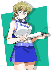 Rule 34 | 1girl, 203wolves, aqua background, blue sailor collar, blue skirt, breasts, brown eyes, closed mouth, cowboy shot, cropped legs, duel academy uniform (yu-gi-oh! gx), hair between eyes, highres, holding, light brown hair, long hair, medium breasts, miniskirt, pencil skirt, sailor collar, shirt, skirt, sleeveless, sleeveless jacket, sleeveless shirt, smile, solo, standing, straight hair, tenjouin asuka, turtleneck, two-tone background, very long hair, white background, white shirt, yu-gi-oh!, yu-gi-oh! gx