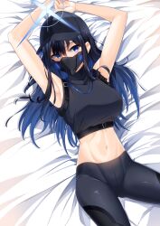 Rule 34 | 1girl, absurdres, armpits, arms up, bare arms, bare shoulders, baseball cap, bed sheet, black hat, black pants, black shirt, blue archive, blue eyes, blue hair, breasts, commentary request, cowboy shot, crop top, hair between eyes, hat, highres, kipdrew, large breasts, leggings, long hair, looking at viewer, lying, mask, midriff, mouth mask, navel, on back, pants, saori (blue archive), shirt, sleeveless, sleeveless shirt, solo, stomach, thighs
