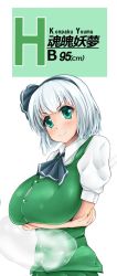 Rule 34 | &gt;:), 1girl, ascot, bad id, bad twitter id, blush, breast hold, breasts, character name, collared shirt, crossed arms, female focus, fingernails, green eyes, green skirt, green theme, green vest, hairband, huge breasts, hydrant (kasozama), konpaku youmu, konpaku youmu (ghost), large breasts, measurements, shirt, short hair, silver hair, simple background, skirt, smile, smirk, solo, touhou, upper body, v-shaped eyebrows, vest, white background, white shirt