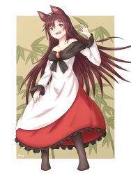 Rule 34 | 1girl, animal ears, artist request, bamboo, breasts, brooch, brown hair, cleavage, cuffs, fang, full body, highres, imaizumi kagerou, japanese clothes, long hair, long sleeves, looking at viewer, medium breasts, open mouth, red eyes, skirt, smile, solo, standing, thighhighs, touhou, very long hair, white shirt, wolf ears