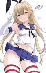 Rule 34 | anchor hair ornament, black hairband, black neckerchief, black panties, blonde hair, blue sailor collar, blue skirt, brown eyes, calin, commentary request, contrapposto, crop top, elbow gloves, gloves, hair ornament, hairband, highleg, highleg panties, highres, kantai collection, long hair, microskirt, miniskirt, neckerchief, one-hour drawing challenge, panties, sailor collar, shimakaze (kancolle), shirt, signature, simple background, skirt, sleeveless, sleeveless shirt, striped clothes, striped thighhighs, thighhighs, underwear, v, white background, white gloves