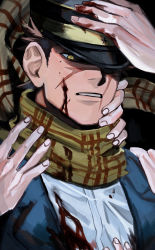 Rule 34 | 1boy, adjusting clothes, adjusting headwear, bad id, bad pixiv id, blood, blood on clothes, blood on face, brown eyes, brown hair, facial scar, glowing, glowing eye, golden kamuy, hand on another&#039;s face, hand on own head, hat, highres, kepi, male focus, military hat, nipples, one eye covered, scar, scar on cheek, scar on face, scar on mouth, scar on nose, short hair, sideburns, solo focus, spiked hair, sugimoto saichi, ton (ton19130318), upper body, yellow eyes