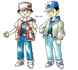Rule 34 | 2boys, backpack, bag, baseball cap, belt, belt buckle, black hair, blue headwear, brown bag, buckle, closed mouth, commentary, creatures (company), english commentary, game freak, grey jacket, hat, highres, holding, holding poke ball, holding strap, hyo oppa, jacket, long sleeves, looking at viewer, male focus, multiple boys, nintendo, open clothes, open jacket, pants, poke ball, poke ball (basic), pokemon, pokemon rgby, red (pokemon), shirt, shoes, short hair, short sleeves, simple background, smile, standing, sugimori ken, sugimori ken (style), twitter username, white background, white footwear