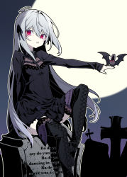 Rule 34 | 1girl, absurdres, ahoge, bat (animal), bat ornament, black dress, black ribbon, boots, cross-laced footwear, dress, fishnet thighhighs, fishnets, full moon, goth fashion, grey hair, hair between eyes, hair ribbon, highres, long hair, long sleeves, looking at viewer, mearylis (yamanasi mikage), moon, night, original, outdoors, outstretched arm, pale skin, parted lips, red eyes, ribbon, sleeves past wrists, thigh boots, thighhighs, thighhighs under boots, tombstone, very long hair, yamanasi mikage, zettai ryouiki