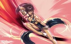Rule 34 | 1girl, alternate hairstyle, arm up, bare shoulders, black eyes, bracelet, braid, breasts, capcom, chun-li, cleavage, clenched hand, closed mouth, dated, faymantra, fighting stance, floating hair, hair tie, halterneck, jewelry, large breasts, leg lift, legs apart, lips, long hair, looking at viewer, motion blur, official alternate costume, side braid, sideboob, signature, sketch, solo, spiked bracelet, spikes, street fighter, street fighter v, tassel, thighs, toned, twin braids