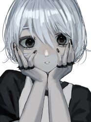 Rule 34 | 1girl, black eyes, black nails, grey hair, hair between eyes, hands on own cheeks, hands on own face, hands up, highres, jewelry, looking at viewer, multiple rings, original, parted lips, ring, short hair, simple background, solo, spiked ring, upper body, urokogaran, white background