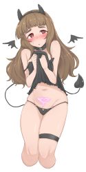 Rule 34 | 1girl, @ @, absurdres, black camisole, black choker, blunt bangs, blush, brown hair, camisole, camisole lift, choker, clothes lift, clothing cutout, cropped legs, demon horns, demon tail, demon wings, heart cutout, highres, horns, idolmaster, idolmaster cinderella girls, kamiya nao, lifting own clothes, long hair, navel, o-ring, o-ring bottom, o-ring panties, panties, pubic tattoo, red eyes, simple background, solo, straight hair, sweatdrop, tail, tattoo, thick eyebrows, thigh strap, underwear, wasabijoyu76, white background, wings