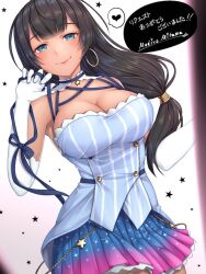 Rule 34 | 1girl, black hair, blue shirt, blue skirt, breasts, cleavage, closed mouth, commentary request, commission, cowboy shot, earrings, elbow gloves, gloves, gradient skirt, heart, hoop earrings, indie virtual youtuber, jewelry, large breasts, long hair, mitama mudimudi, pink skirt, pleated skirt, shirt, skeb commission, skirt, sleeveless, sleeveless shirt, smile, solo, spoken heart, star (symbol), striped clothes, striped shirt, vertical-striped clothes, vertical-striped shirt, virtual youtuber, white background, white gloves