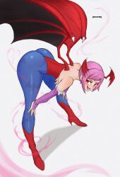 Rule 34 | 1girl, absurdres, animal print, ass, bat print, bat wings, bent over, blue pantyhose, breasts, bridal gauntlets, demon girl, full body, hands on own knees, head wings, heart, highres, leotard, lilith aensland, looking at viewer, open mouth, pantyhose, picote, print pantyhose, purple hair, red eyes, red leotard, shiny skin, short hair, small breasts, smile, solo, standing, thong leotard, vampire (game), wings