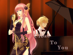 Rule 34 | 1boy, 1girl, aqua eyes, black dress, blonde hair, bow, breasts, butterfly wings, cleavage, closed eyes, dress, earrings, flower, formal, gloves, grand piano, hair flower, hair ornament, insect wings, instrument, jewelry, kagamine len, long hair, matsukaze (chen7yue), megurine luka, microphone, microphone stand, piano, pink hair, sitting, suit, vocaloid, wings