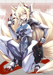 Rule 34 | 1girl, absurdres, animal ears, blonde hair, bodysuit, breasts, covered navel, fox ears, fox tail, highres, impossible clothes, inyuppo, kitsune, kyuubi, large breasts, looking at viewer, multiple tails, no headwear, shiny clothes, short hair, skin tight, solo, tail, touhou, yakumo ran, yellow eyes