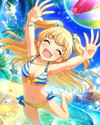 Rule 34 | 10s, 1girl, artist request, ball, barefoot, beach, beachball, blonde hair, bracelet, breasts, coconut tree, crab, day, closed eyes, fangs, feet, idolmaster, idolmaster cinderella girls, jewelry, jougasaki rika, long hair, midriff, necklace, official art, palm tree, sand, small breasts, swimsuit, tree, twintails, two side up