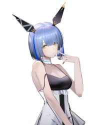 Rule 34 | 1girl, azur lane, bare shoulders, blue hair, breasts, choker, cleavage, dress, eugle na, frilled choker, frills, gascogne (azur lane), hand up, headgear, highres, looking at viewer, medium breasts, short hair, simple background, solo, spaghetti strap, strap slip, white background, white choker, white dress, yellow eyes