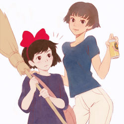 Rule 34 | 00s, 1980s (style), 2girls, alcohol, bag, beer, black eyes, blouse, blue shirt, blunt bangs, blush, bow, broom, brown hair, company connection, creator connection, crossover, frown, gake no ue no ponyo, hair bow, hand on another&#039;s shoulder, ilya kuvshinov, kiki (majo no takkyuubin), lisa (ponyo), majo no takkyuubin, multiple girls, oldschool, retro artstyle, shirt, short hair, simple background, studio ghibli, white background