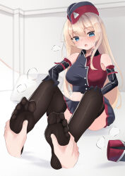 Rule 34 | 1girl, 1other, absurdres, black gloves, blonde hair, blue eyes, blush, breasts, brown thighhighs, collared shirt, commission, convenient leg, cropped shirt, disembodied limb, elbow gloves, f2000 (girls&#039; frontline), feet, foot focus, foot massage, full body, girls&#039; frontline, gloves, grey background, grey headwear, grey shirt, hair between eyes, hands on own knees, highres, impossible clothes, impossible shirt, indoors, knees up, large breasts, legs, looking at viewer, lts kakuyo, midriff, military, military uniform, miniskirt, mole, mole on leg, no shoes, pixiv commission, pleated skirt, red headwear, red shirt, shirt, shoes, unworn shoes, sidelocks, sitting, skirt, sleeveless, sleeveless shirt, soles, solo focus, spread toes, sweatdrop, thighhighs, toenails, toes, two-tone shirt, uniform