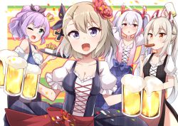 Rule 34 | 4girls, acchii (akina), alternate costume, animal ears, ayanami (azur lane), azur lane, bare shoulders, beer mug, black dress, bow, breasts, cleavage, cross-laced clothes, crown, cup, dress, eating, fake animal ears, flower, food, fork, french fries, hair flower, hair ornament, headgear, holding, holding cup, holding fork, holding tray, javelin (azur lane), laffey (azur lane), light brown hair, light purple hair, long hair, looking at viewer, medium breasts, medium hair, mini crown, mug, multiple girls, off-shoulder shirt, off shoulder, one eye closed, open mouth, orange eyes, pink dress, puffy short sleeves, puffy sleeves, purple dress, purple eyes, purple hair, rabbit ears, red bow, red eyes, red flower, sausage, shirt, shirt under dress, short sleeves, side slit, small breasts, standing, tray, twintails, very long hair, white shirt, wide ponytail, z23 (azur lane)