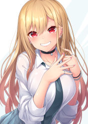 Rule 34 | 1girl, absurdres, black choker, blonde hair, blue skirt, blush, bracelet, breasts, brown hair, choker, collarbone, collared shirt, commentary request, ear piercing, earrings, gradient hair, grey background, grin, hair between eyes, hands up, highres, jewelry, kitagawa marin, long hair, long sleeves, looking at viewer, medium breasts, multicolored hair, nail polish, pearl bracelet, piercing, pink nails, pleated skirt, red eyes, school uniform, shirt, skirt, smile, solo, sono bisque doll wa koi wo suru, two-tone background, very long hair, wakagi repa, white background, white shirt