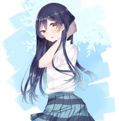 Rule 34 | 1girl, arm up, bjcrk453, blue hair, blush, commentary request, dress shirt, from side, hair between eyes, hand in own hair, hand up, highres, long hair, looking at viewer, love live!, love live! school idol project, open mouth, otonokizaka school uniform, pleated skirt, school uniform, shirt, skirt, sleeves rolled up, solo, sonoda umi, yellow eyes