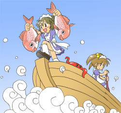 Rule 34 | 2girls, boat, fish, gradient background, kabiinyo (kab), maid, multiple girls, octopus, original, sea bream, watercraft