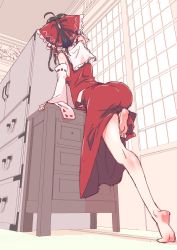Rule 34 | absurdres, ass, bare legs, barefoot, black hair, bow, chest of drawers, detached sleeves, feet, from behind, from below, hair bow, hair tubes, hakurei reimu, highres, leg up, long hair, non (z-art), red bow, red shirt, red skirt, ribbon-trimmed sleeves, ribbon trim, shirt, shouji, skirt, sleeveless, sleeveless shirt, sliding doors, thighs, touhou