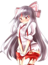 Rule 34 | 1girl, bad id, bad pixiv id, blush, breasts, commentary request, covering privates, covering crotch, female focus, fujiwara no mokou, large breasts, long hair, oimo (imoyoukan), pants, puffy short sleeves, puffy sleeves, red eyes, see-through, shirt, short sleeves, silver hair, simple background, solo, suspenders, thighs, torn clothes, torn pants, torn shirt, touhou, very long hair, wavy mouth