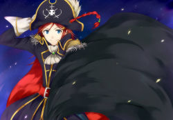 Rule 34 | 1girl, adjusting clothes, adjusting headwear, belt, blue eyes, ascot, epaulettes, hair ornament, hairclip, hat, hat feather, katou marika, long hair, miniskirt pirates, pirate, pirate hat, red hair, skull and crossbones, sky, smile, solo, star (sky), starry sky, yamatoba