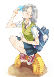 Rule 34 | 1girl, bad id, bad tumblr id, bag, blue eyes, blush, candy, converse, food, full body, holding, lollipop, necktie, one eye closed, pom pom (clothes), school uniform, shoes, short hair, shoulder bag, silver hair, simple background, sneakers, solo, squatting, striped necktie, striped neckwear, sweater vest, tire, white background, wink, yuu (warm water)