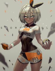 Rule 34 | 1girl, absurdres, bad id, bad pixiv id, bea (pokemon), black bow, black hairband, bodysuit, bodysuit under clothes, bow, breasts, clenched hand, closed mouth, collared shirt, contrapposto, covered navel, cowboy shot, creatures (company), dark-skinned female, dark skin, eit (ikeuchi), english text, game freak, gloves, green eyes, grey background, grey hair, grey shirt, grey shorts, gym leader, hair between eyes, hairband, half-closed eyes, half gloves, highres, holding, holding poke ball, legs apart, looking at viewer, nintendo, partially fingerless gloves, poke ball, pokemon, pokemon swsh, shirt, short hair, short sleeves, shorts, single glove, small breasts, solo, standing, sweat, tied shirt, ultra ball, v-shaped eyebrows, wristband