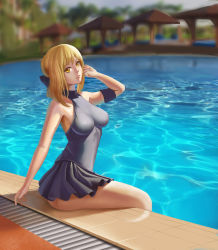 Rule 34 | 1girl, absurdres, artoria pendragon (all), artoria pendragon (fate), bare shoulders, blonde hair, breasts, covered erect nipples, fate/stay night, fate (series), frills, goldengear870, hand in own hair, highres, large breasts, looking at viewer, official alternate costume, palm tree, partially submerged, pool, saber (fate), saber alter, sideboob, sitting, solo, swimsuit, thighs, tight clothes, tree, water, yellow eyes