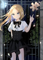 Rule 34 | 1girl, abigail williams (fate), absurdres, arm behind back, black bow, black bowtie, black skirt, blonde hair, blue eyes, bow, bowtie, capelet, closed mouth, colored inner hair, fate/grand order, fate (series), highres, hwa n01, index finger raised, long hair, looking at viewer, miniskirt, multicolored hair, night, outdoors, parted bangs, silver hair, skirt, solo, standing, stuffed animal, stuffed toy, teddy bear, two-tone hair, underbust, white capelet