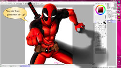 Rule 34 | 1boy, abs, arm support, artist name, belt, bodysuit, comic sans, deadpool, deadpool (series), english text, fourth wall, highres, jazz jack, korean text, looking at viewer, male focus, marvel, mask, metro 2033, microsoft windows, muscular, pointing, pointing at viewer, shadow, skullgirls, solo, steam (platform), sword, third-party edit, uneven eyes, utility belt, weapon