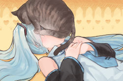 Rule 34 | 1girl, animal, animal on head, aqua hair, aqua necktie, bare shoulders, black sleeves, cat, cat on head, commentary, covered face, detached sleeves, grey shirt, hair ornament, hand over heart, hands on own chest, hatsune miku, heart, heart background, highres, light blush, long hair, lying, microa, necktie, on back, on head, paw print, paw print background, shirt, sleeveless, sleeveless shirt, solo, twintails, upper body, vocaloid