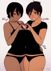 Rule 34 | 2018, 2girls, artist name, bare shoulders, black hair, black panties, black shirt, blue eyes, borrowed character, character name, collarbone, commentary, commission, cowboy shot, crossover, dark-skinned female, dark skin, earrings, english text, green eyes, hand on another&#039;s hip, heart, heart hands, heart hands duo, jewelry, k&#039;lyn, look-alike, looking at viewer, lyndis, multiple girls, no pants, one eye closed, original, panties, parted lips, razalor, shirt, short hair, simple background, smile, underwear