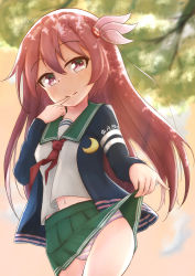 Rule 34 | 1girl, brown hair, centi mnkt, clothes lift, crescent, crescent pin, finger to mouth, green skirt, hair between eyes, hair ornament, jacket, kantai collection, kisaragi (kancolle), kisaragi kai ni (kancolle), lifted by self, long hair, long sleeves, neckerchief, panties, pink eyes, pleated skirt, school uniform, serafuku, skirt, skirt lift, solo, striped clothes, striped panties, tree, underwear