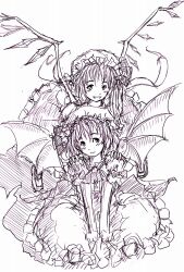 Rule 34 | 2girls, ascot, bat wings, brooch, closed mouth, daro, flandre scarlet, frilled skirt, frills, hand on another&#039;s shoulder, hat, jewelry, looking at another, making-of, medium hair, mob cap, multiple girls, open mouth, remilia scarlet, siblings, sisters, sketch, skirt, touhou, wings