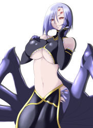 Rule 34 | 10s, 1girl, arachne, arthropod girl, bare shoulders, breasts, carapace, claws, cleavage, cowboy shot, detached sleeves, extra eyes, female focus, hand on own chest, hand on own face, highres, insect girl, koo teitoku, large breasts, light purple hair, monster girl, monster musume no iru nichijou, multiple legs, navel, pelvic curtain, rachnera arachnera, red eyes, simple background, solo, spider girl, stomach, taur, underboob, white background