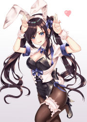 Rule 34 | 1girl, absurdres, animal ears, arms up, bad id, bad pixiv id, black footwear, black hair, black leotard, blue eyes, bow, bowtie, breasts, bridal garter, brown pantyhose, cleavage, cup6542, detached collar, fake animal ears, fake tail, gradient background, hair ribbon, heart, high heels, highres, large breasts, leg up, leotard, long hair, looking at viewer, original, pantyhose, playboy bunny, rabbit ears, rabbit tail, ribbon, shirt, short sleeves, sidelocks, smile, solo, standing, standing on one leg, tail, tongue, tongue out, twintails, very long hair, white shirt, wrist cuffs