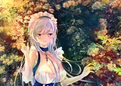 Rule 34 | 1girl, :d, apron, arms up, azur lane, bad id, bad pixiv id, bare shoulders, belfast (azur lane), blush, braid, breasts, chain, cleavage, collar, collarbone, commentary request, corset, flower, french braid, frilled apron, frilled gloves, frills, garden, gloves, jewelry, large breasts, leaf, maid, maid apron, maid headdress, open mouth, outdoors, ring, silver hair, sleeveless, smile, solo, tsunano (koi pink), white apron, white gloves