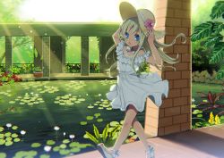 Rule 34 | 10s, 1girl, :o, alternate costume, bare legs, blonde hair, blue eyes, dress, floating hair, flower, hand on headwear, hat, hat flower, hibiscus, highres, kantai collection, light rays, lily pad, long hair, looking at viewer, lotus, off shoulder, one-piece tan, open mouth, outdoors, plant, pond, potted plant, ro-500 (kancolle), rugo, sandals, short dress, sidewalk, solo, straw hat, sun hat, sundress, sunlight, tan, tanline, walking, wedge heels, white dress