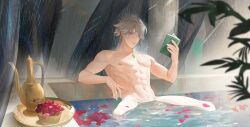 Rule 34 | 1boy, 1nnok, abs, absurdres, alhaitham (genshin impact), aqua hair, bath, book, chest jewel, completely nude, genshin impact, grey hair, hair between eyes, highres, holding, holding book, looking at viewer, male focus, multicolored hair, nipples, nude, parted lips, partially submerged, pectorals, petals, plant, sitting, solo, spread legs, toned, toned male, tray, water, wet