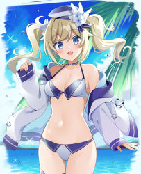 Rule 34 | 1girl, barbara (genshin impact), barbara (summertime sparkle) (genshin impact), bare shoulders, beret, bikini, blonde hair, blue choker, blue eyes, blue sky, blush, breasts, choker, cleavage, cloud, colored eyelashes, commentary, cowboy shot, day, genshin impact, hand up, hat, head tilt, highres, jacket, long hair, long sleeves, looking at viewer, medium breasts, navel, open clothes, open jacket, outdoors, sasado serori, sky, solo, standing, stomach, swimsuit, thighs, twintails, water, white bikini, white jacket