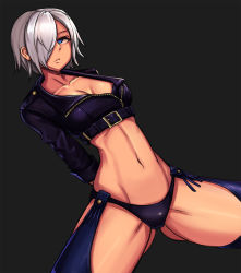 Rule 34 | 1girl, angel (kof), arms behind back, bad id, bad pixiv id, black panties, blue eyes, breasts, chaps, cleavage, clyde s, cropped jacket, gloves, gluteal fold, hair over one eye, highres, large breasts, midriff, navel, panties, short hair, silver hair, narrow waist, solo, the king of fighters, thighhighs, thighs, underwear