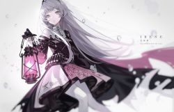 Rule 34 | ammunition belt, arknights, cropped legs, dress, earrings, gloves, grey eyes, grey hair, hair ornament, head wings, highres, irene (arknights), jewelry, lantern, long hair, looking at viewer, multicolored clothes, multicolored dress, pantyhose, scar, scar across eye, very long hair, white background, wings, zhanzhan lan