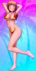 Rule 34 | 1girl, absurdres, armpits, arms behind head, arms up, barefoot, bikini, blue background, blush, breasts, brown eyes, brown hair, cleavage, creatures (company), cyberpunk, feet, game freak, grid background, highres, leg up, long hair, looking at viewer, navel, nintendo, original, palm tree, pink background, pokemon, smile, synthwave, tree, two-tone background, two-tone bikini, vaporwave, zel-sama