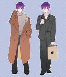 Rule 34 | 1boy, bag, black footwear, black pajamas, black pants, black shirt, breast pocket, brown coat, buttons, closed mouth, coat, collared shirt, commentary, crossed bangs, cup, disposable cup, drinking straw, english commentary, full body, gradient hair, grey background, grey sweater, hair between eyes, hand in pocket, hand up, heterochromia, highres, holding, holding bag, holding cup, jewelry, long sleeves, looking at viewer, looking to the side, male focus, mole, mole on neck, multicolored hair, multiple views, necklace, nijisanji, nijisanji en, off shoulder, open clothes, open coat, outline, pajamas, pants, paper bag, parted bangs, pink eyes, pocket, purple eyes, purple hair, shirt, shirt partially tucked in, shoes, short hair, sideways glance, simple background, smile, sweater, turtleneck, turtleneck sweater, uki violeta, virtual youtuber, white outline, yongcheol