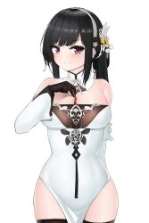 Rule 34 | 1girl, absurdres, azur lane, bare shoulders, black gloves, black hair, black thighhighs, breasts, character request, chen hai (azur lane), commentary request, cowboy shot, detached collar, detached sleeves, dress, gloves, hair ornament, hairband, highres, large breasts, long hair, long sleeves, looking at viewer, purple eyes, simple background, solo, standing, strapless, strapless dress, thighhighs, white background, white dress, white hairband, zerotwenty (020)